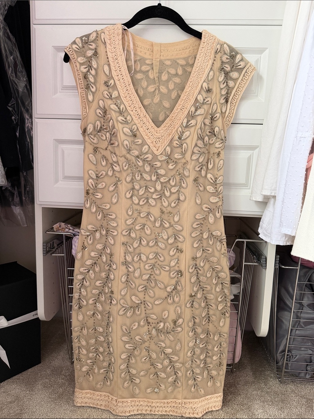 Sue Wong Beige Embellished V-Neck Midi Dress
